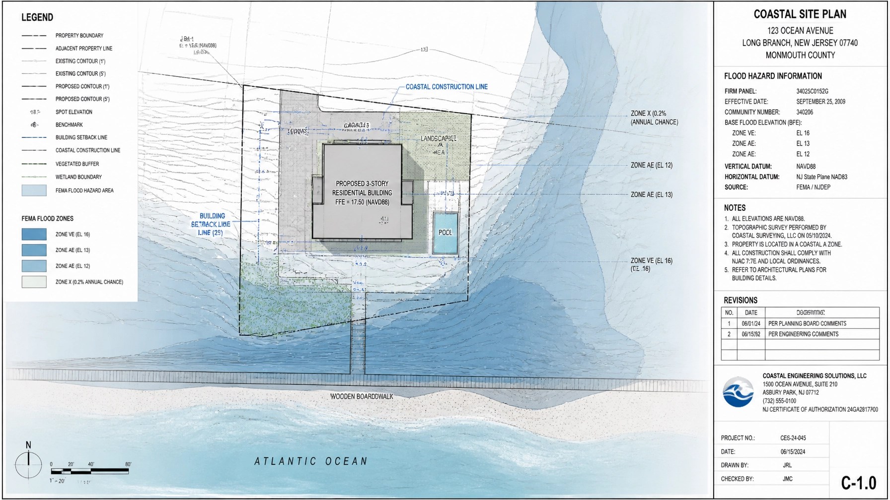 A high-resolution technical engineering site plan with flood hazard zone overlays, illustrating the complexity of NJ REAL rule compliance.