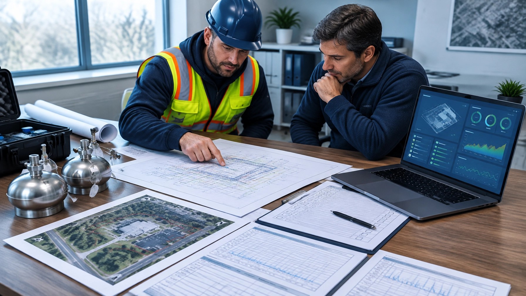 LSRP and property manager reviewing vapor mitigation O&M records and as-built drawings