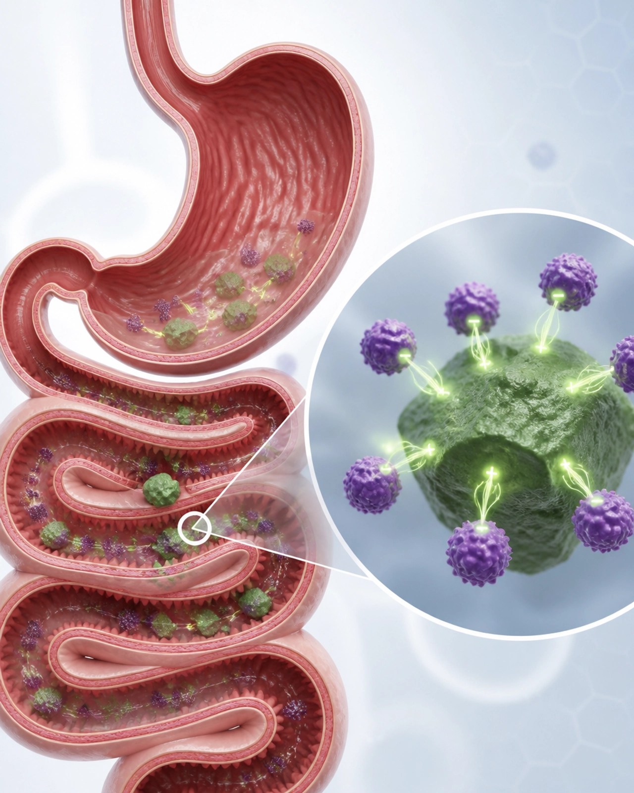 An illustration of the digestive tract showing green clay particles trapping mycotoxins