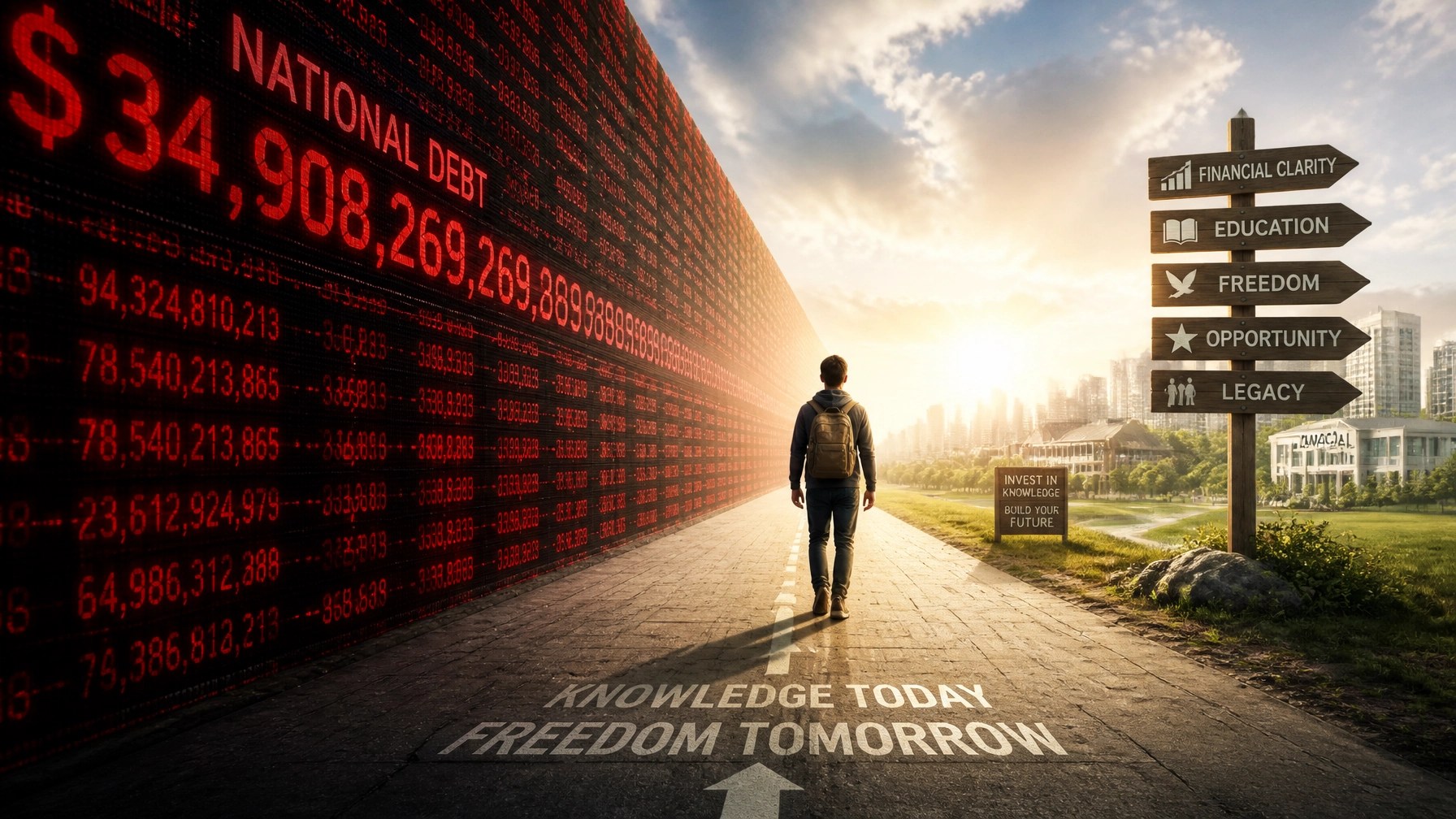 A cinematic shot of a person walking away from a wall of red debt numbers toward a horizon of financial clarity.