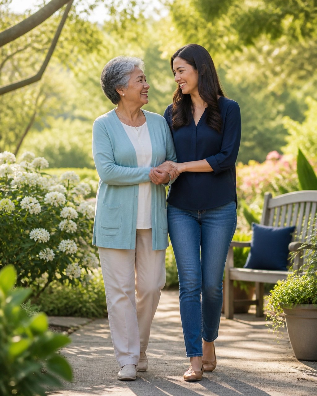 Older woman walking with her granddaughter through a peaceful garden, symbolizing legacy and family peace of mind
