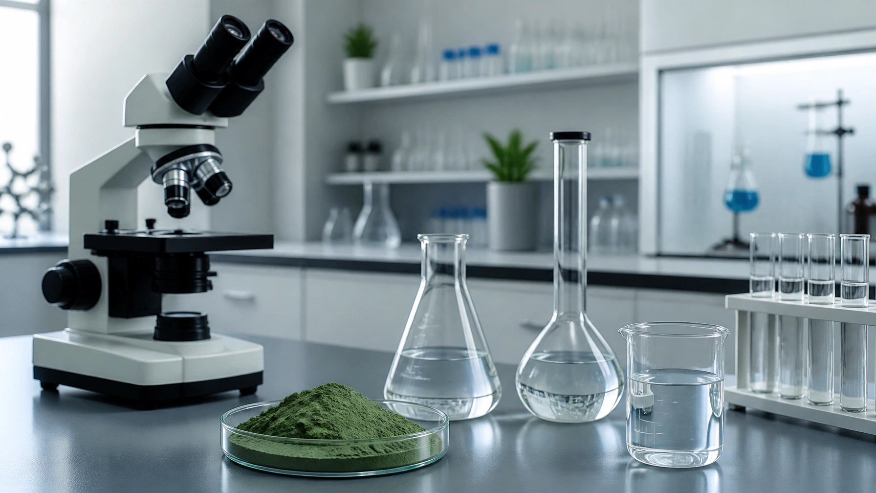 A scientific laboratory setting representing the research and certification of green clay.