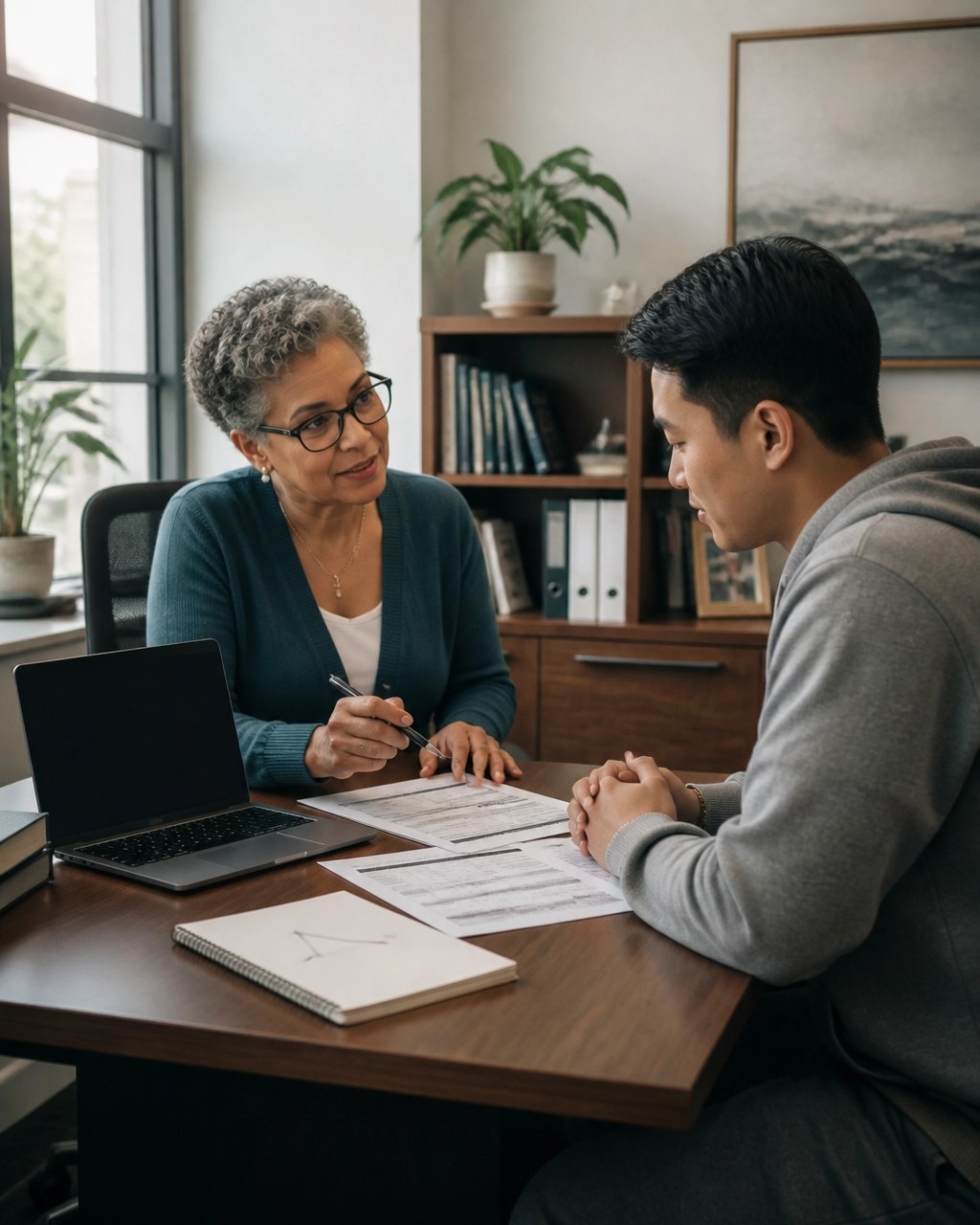 A college advisor meets with a student in a bright office while reviewing printed degree planning papers
