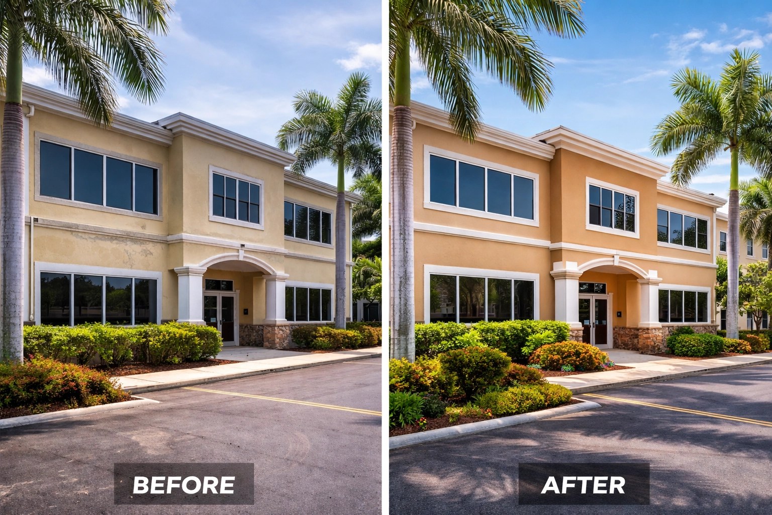 Before and after of Port St. Lucie office building exterior showing faded versus newly painted surfaces