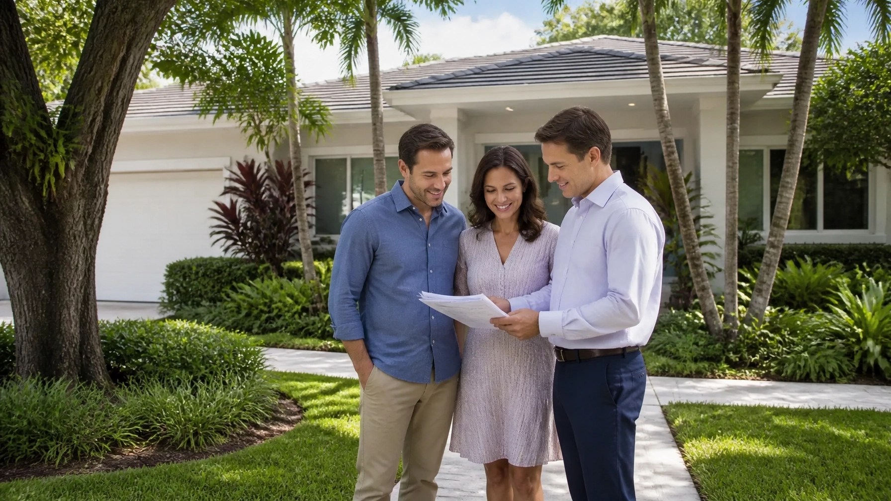 Couple and mortgage professional reviewing final documents outside their newly built primary residence