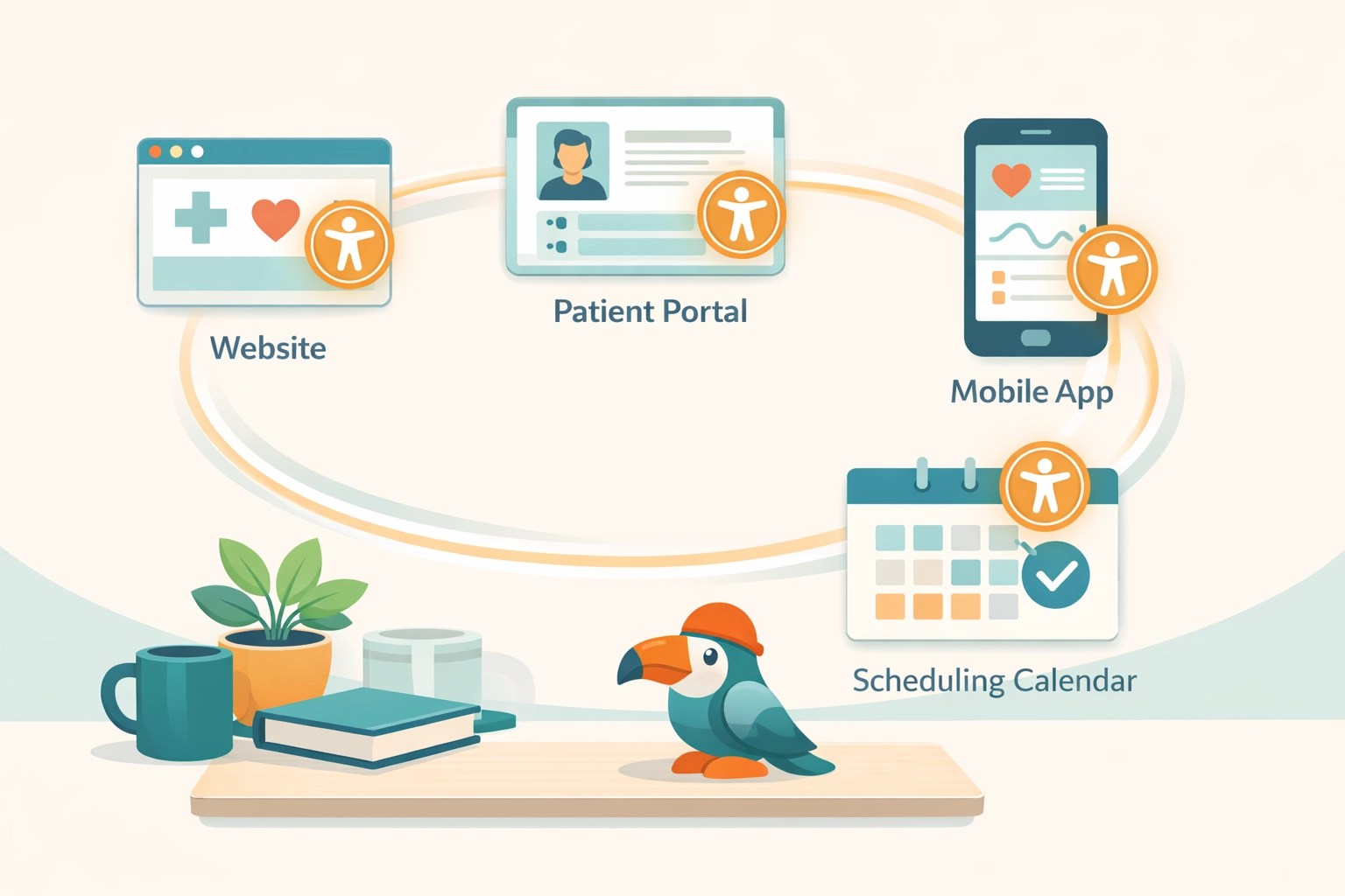 Healthcare website ecosystem with patient portal, scheduling system, and mobile app connected by accessible workflows