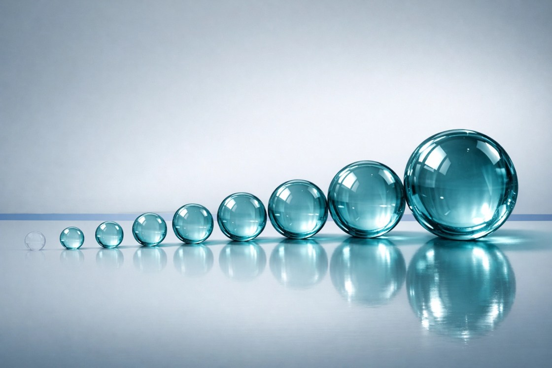 Illustrating long-term pension growth and compound interest with teal spheres of increasing size.