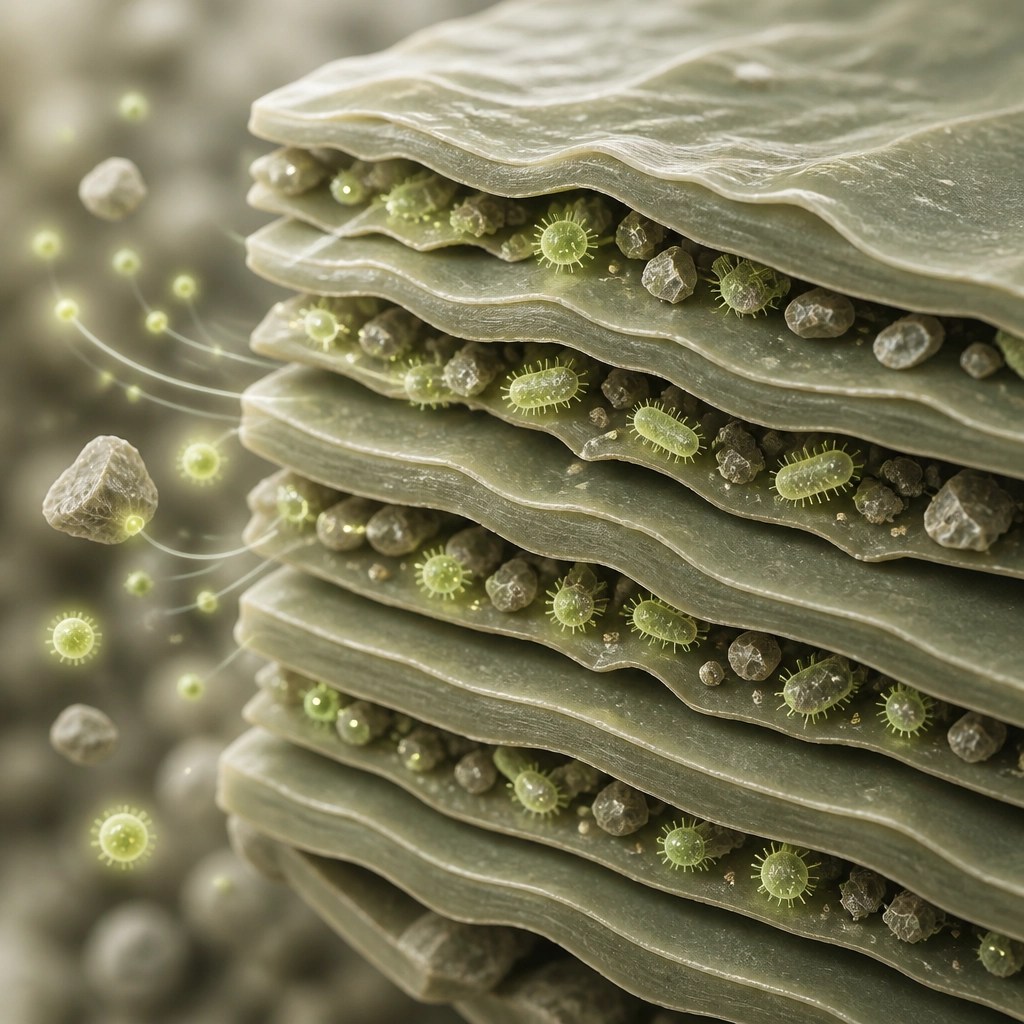 Microscopic view of clay minerals trapping toxins