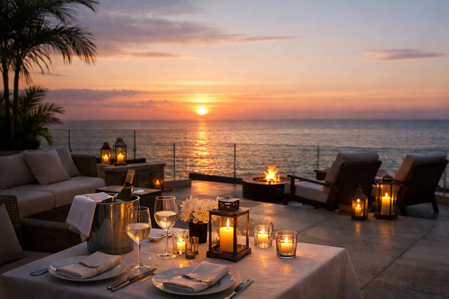 Fresh, stunning seaside sunset terrace with elegant luxury details and a serene ocean horizon, no people.