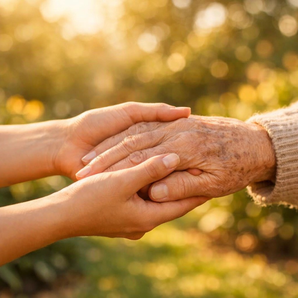 A supportive gesture between hands, representing reliable care during medical transportation.