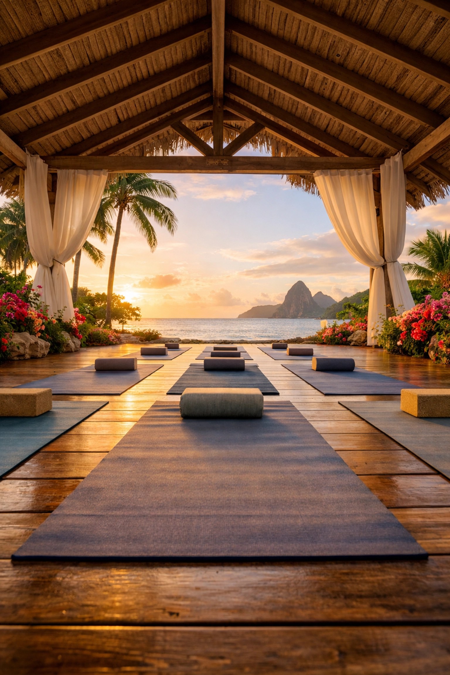 Beachfront yoga pavilion at BodyHoliday Saint Lucia wellness resort at sunrise