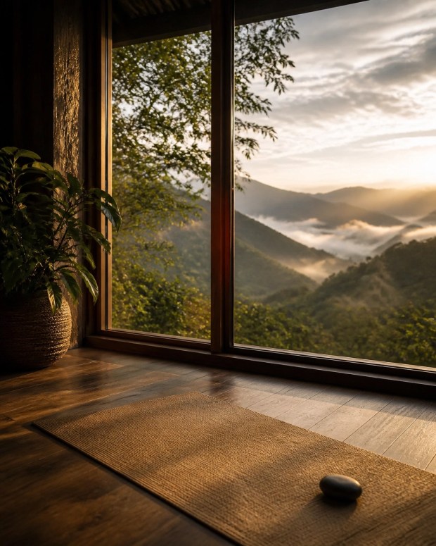 An empty yoga mat, a smooth river stone, and soft mountain light creating a visual pause for one-minute meditation
