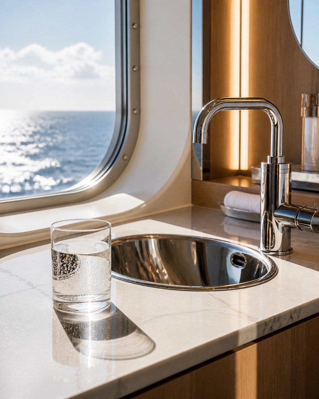 Crystal-clear water glass beside a polished nautical sink with ocean view