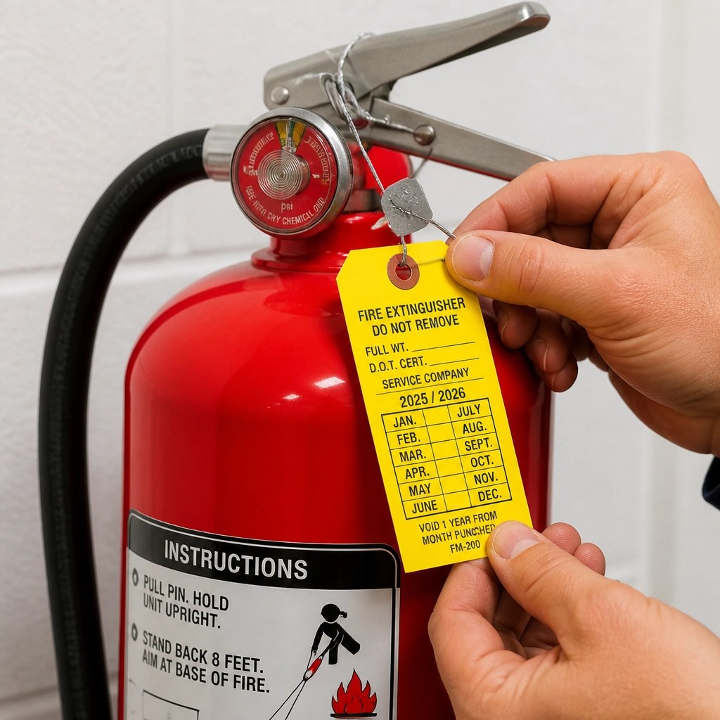 A technician inspecting a fire extinguisher and applying a compliance tag