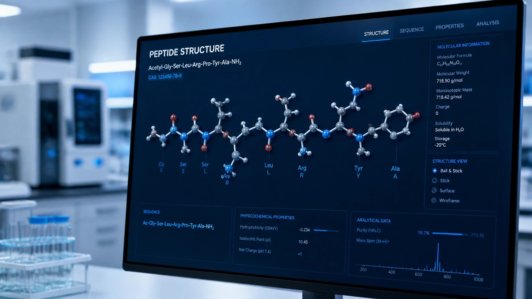 A clinical laboratory setting with high-tech equipment, blurred in the background. Focus on a digital screen displaying a molecular structure of a peptide. Minimalist, clean, and authoritative.