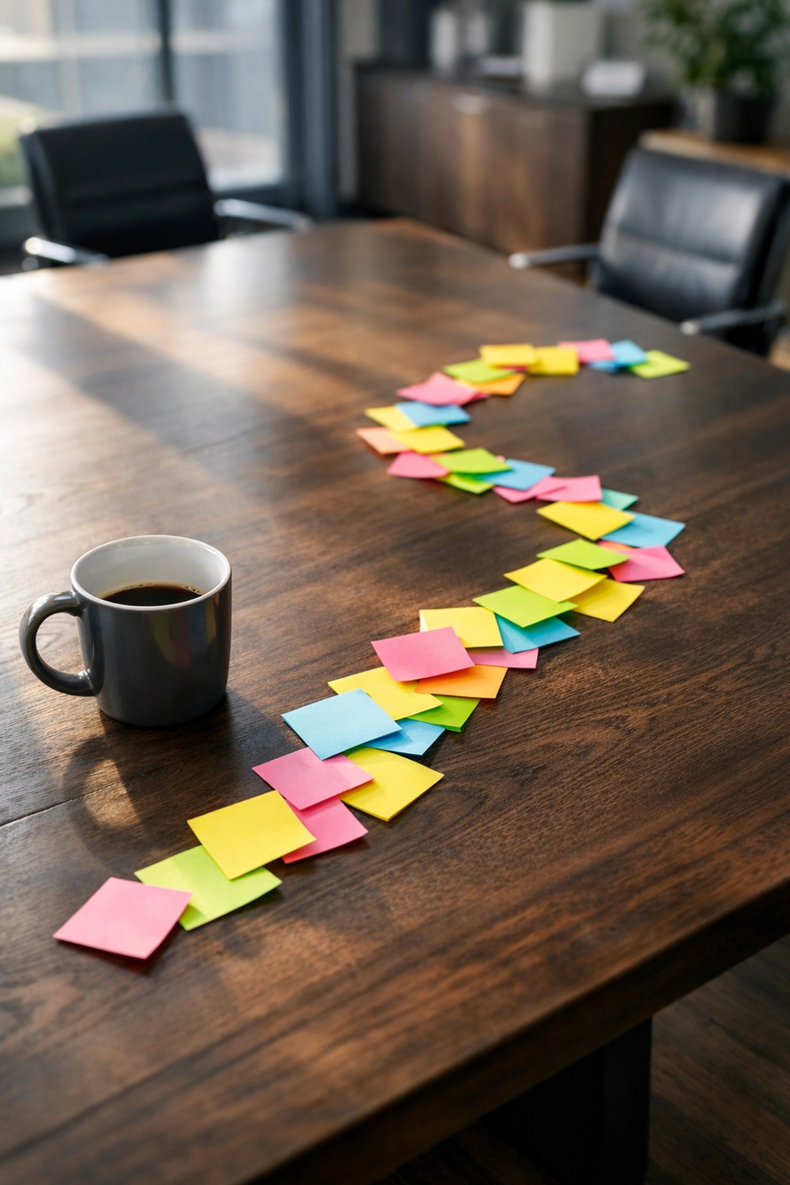 Sticky notes on a boardroom table representing stagnant decision-making and the need for operations consulting.