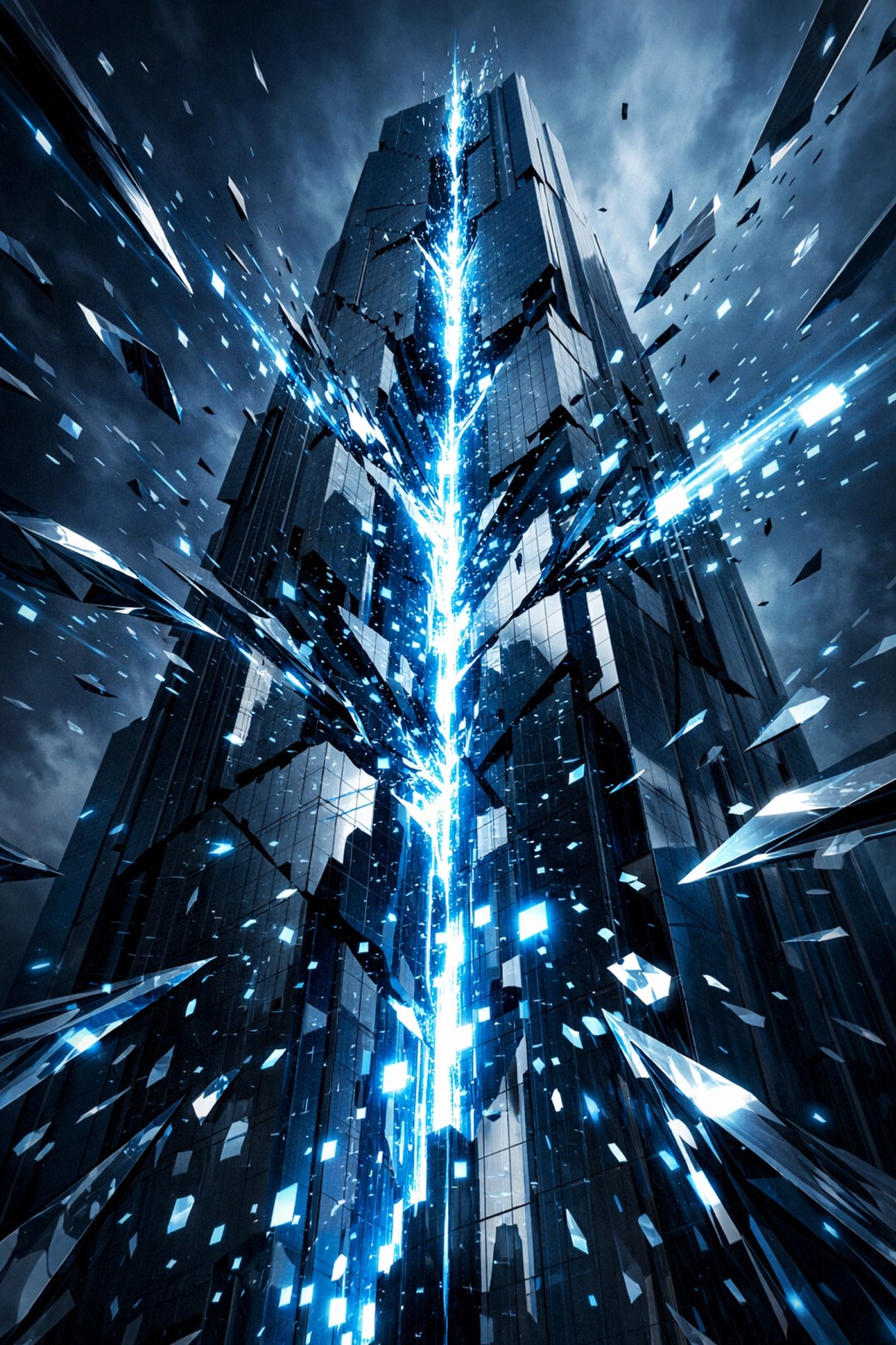 A digital financial tower fracturing into data pixels reflecting market panic over artificial intelligence.