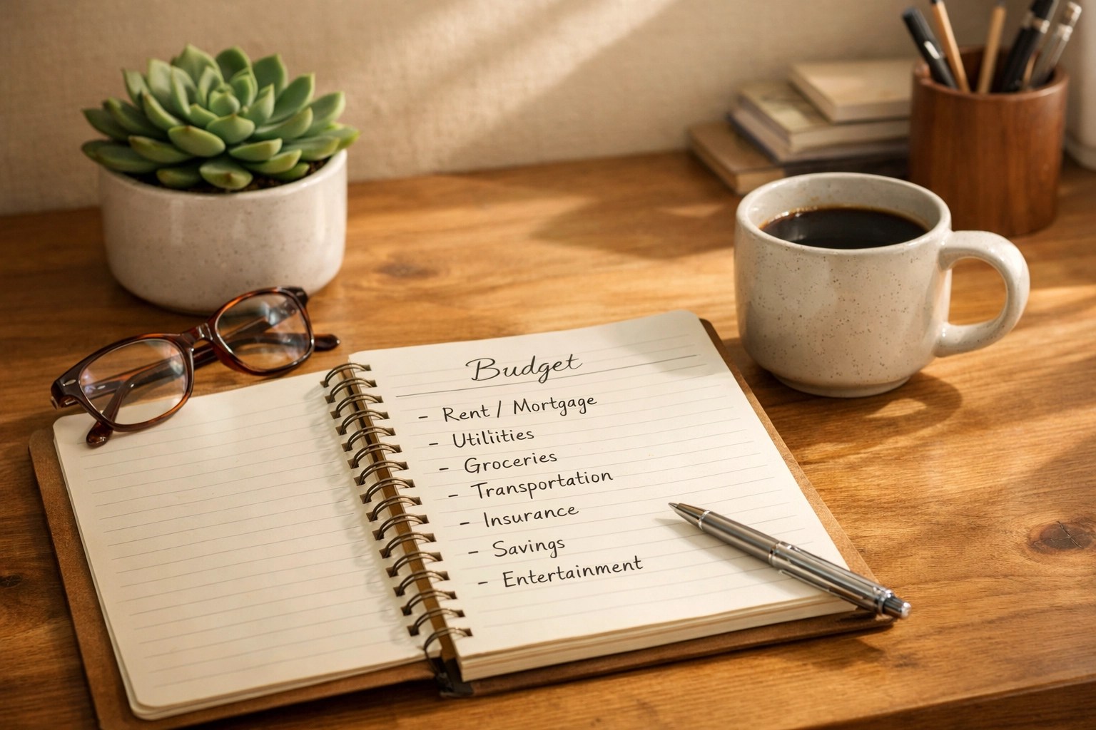 Retirement budget planning notebook with essential expenses categories on organized desk