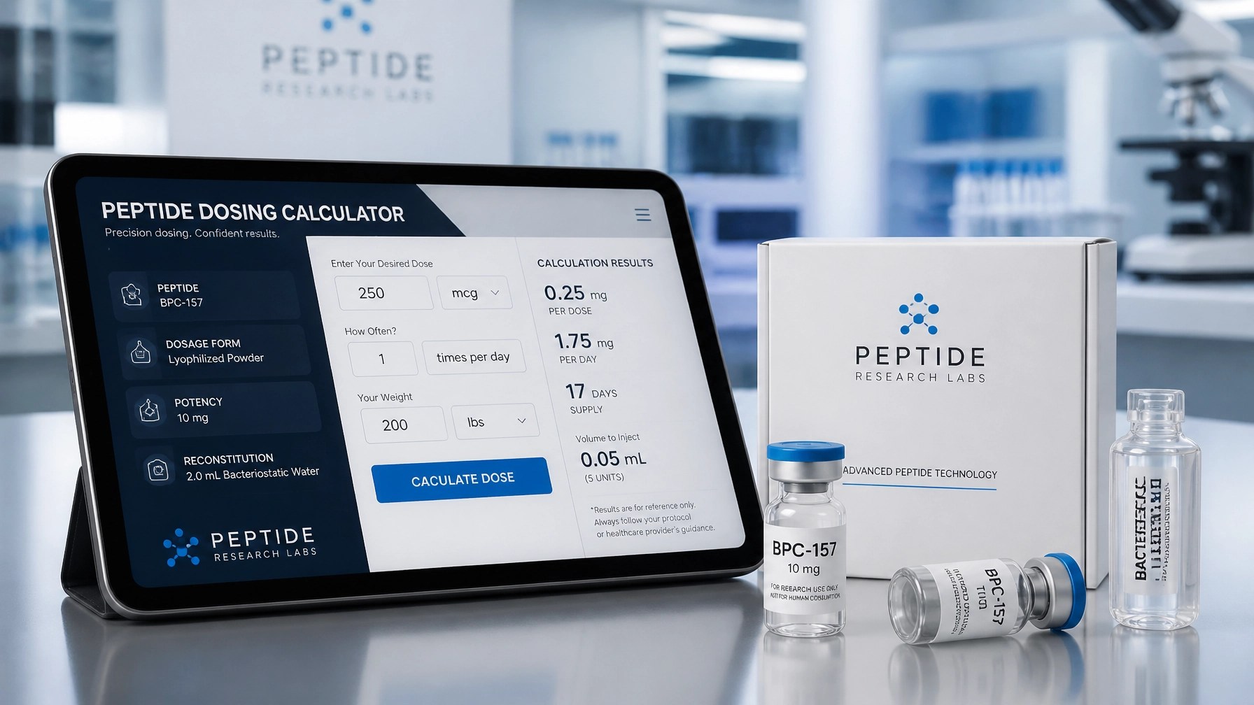 Research laboratory with peptide calculator and supplies