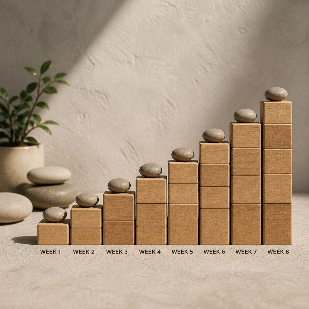 A series of small wooden blocks arranged in an ascending, rhythmic staircase pattern, representing compounding movement and steady weekly progress.