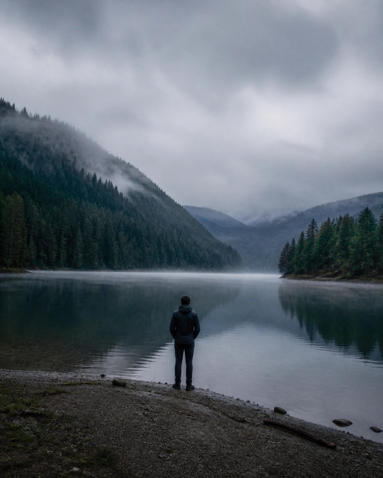 A person standing at the edge of a misty lake, representing the quiet, grounded reflection necessary for mental hygiene.