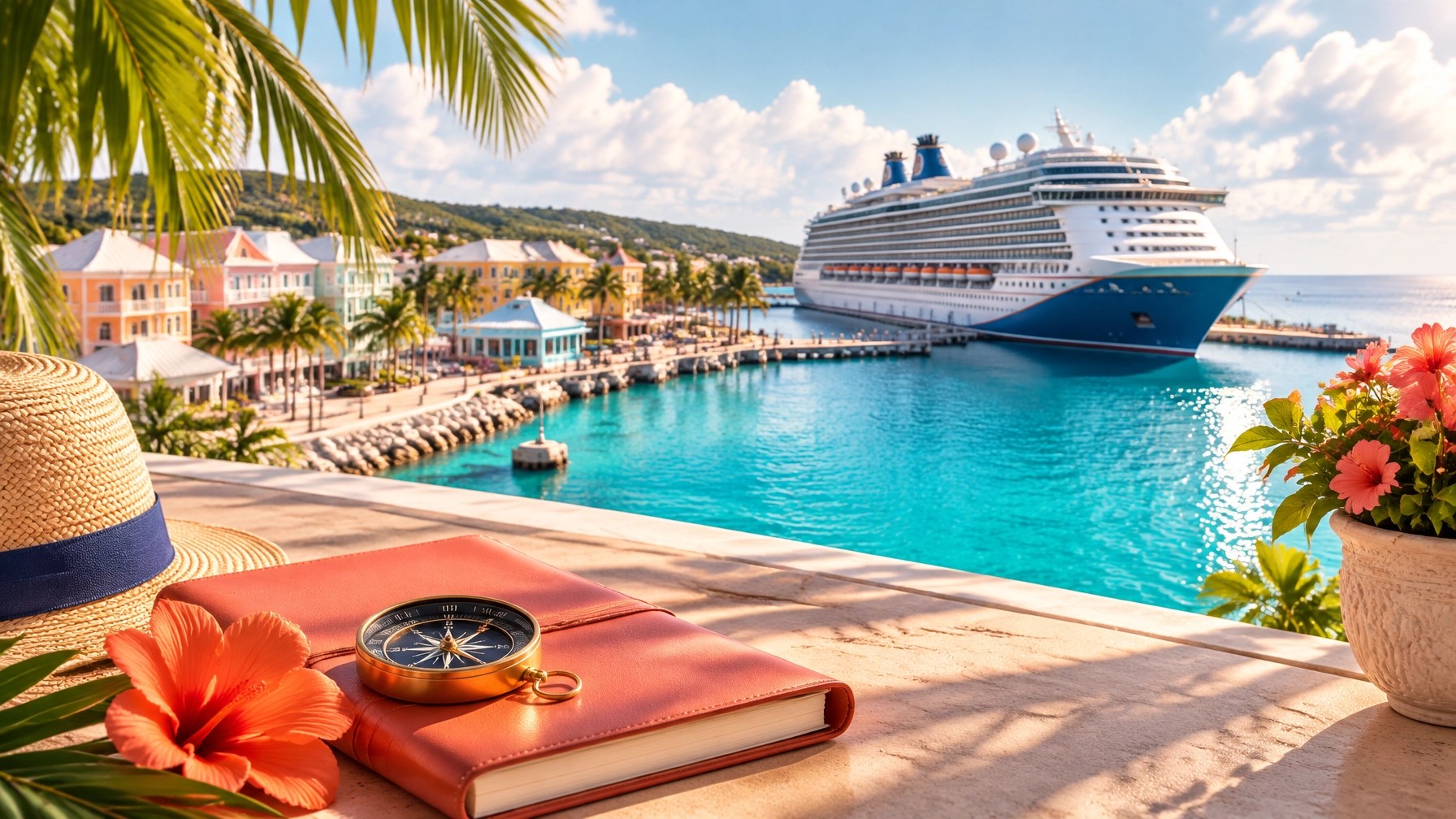 Elegant cruise suite with crisp bedding, warm accents, breakfast tray, and a turquoise Caribbean view