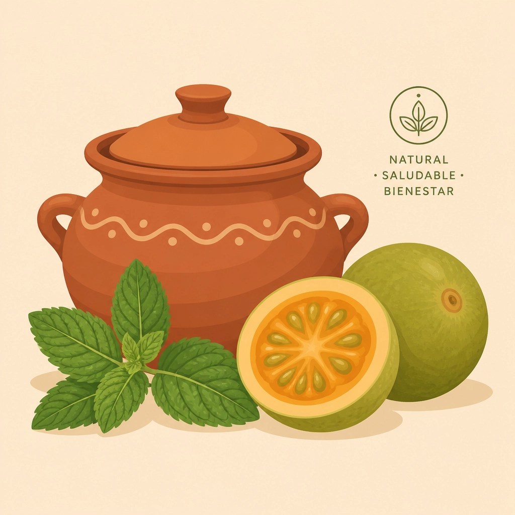 Ilustración minimalista de ingredientes colombianos como el lulo y plantas aromáticas en una mesa tradicional, reflejando la pureza y simplicidad del Ayurveda.