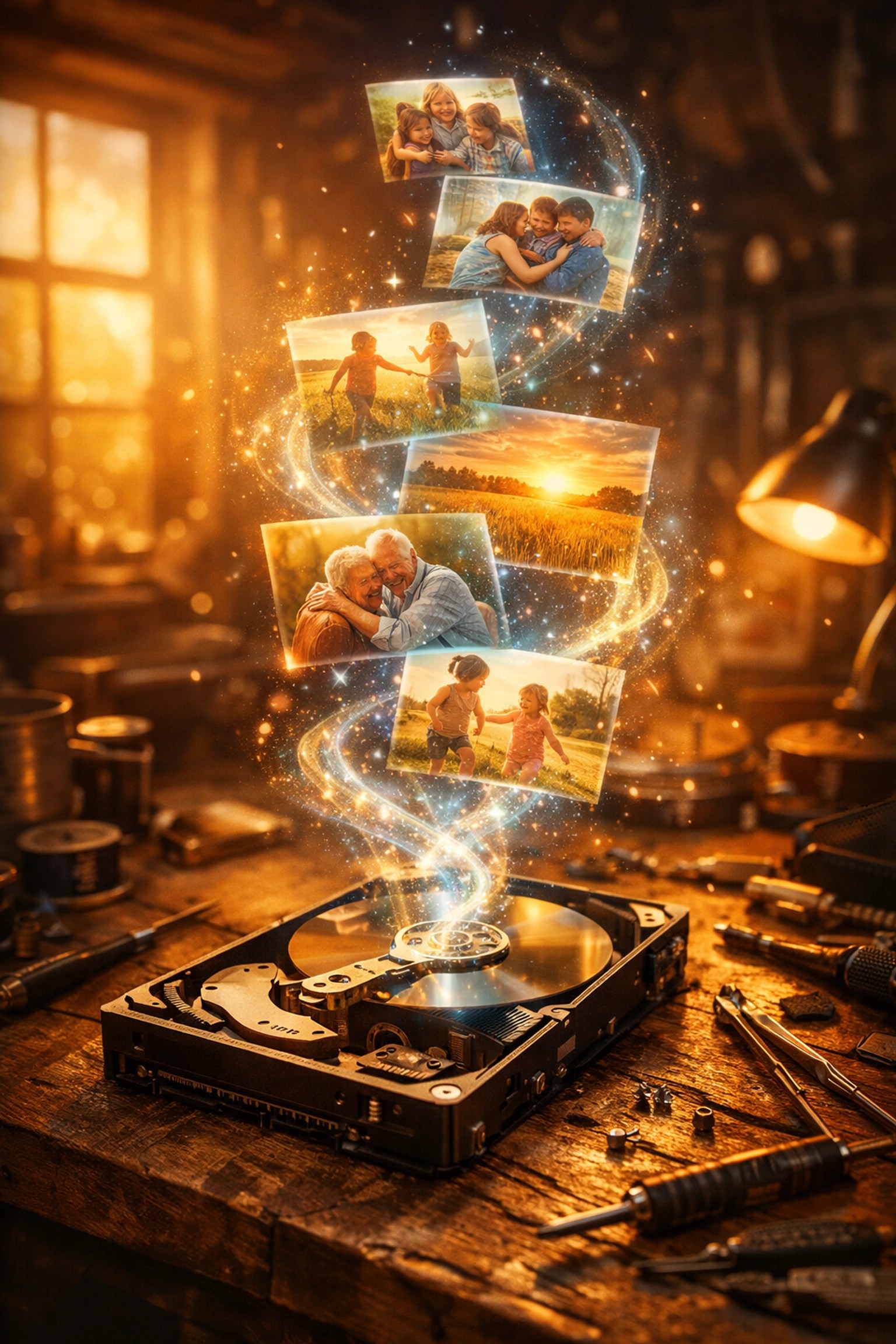 Professional data recovery services in Magrath, retrieving precious family photos from a broken hard drive.