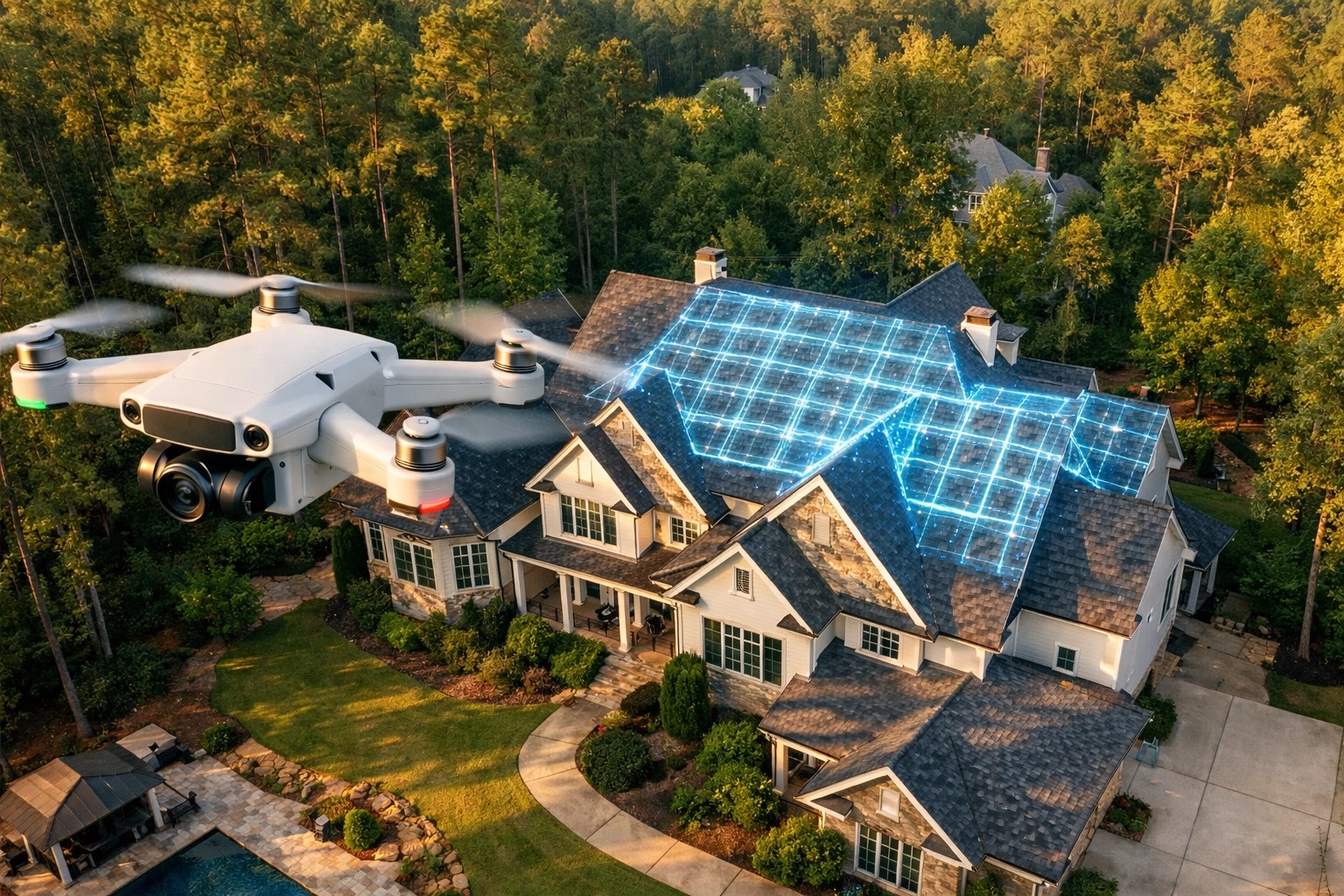Drone performing an AI roof inspection on a Milton Georgia home for insurance risk assessment.