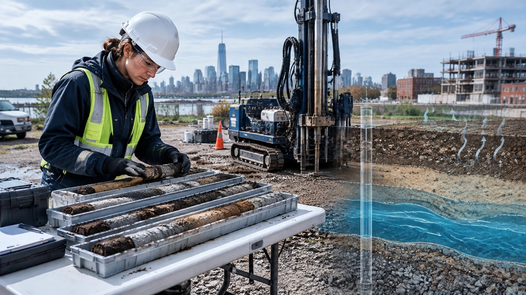 Environmental professional reviewing soil cores beside a direct-push drill rig