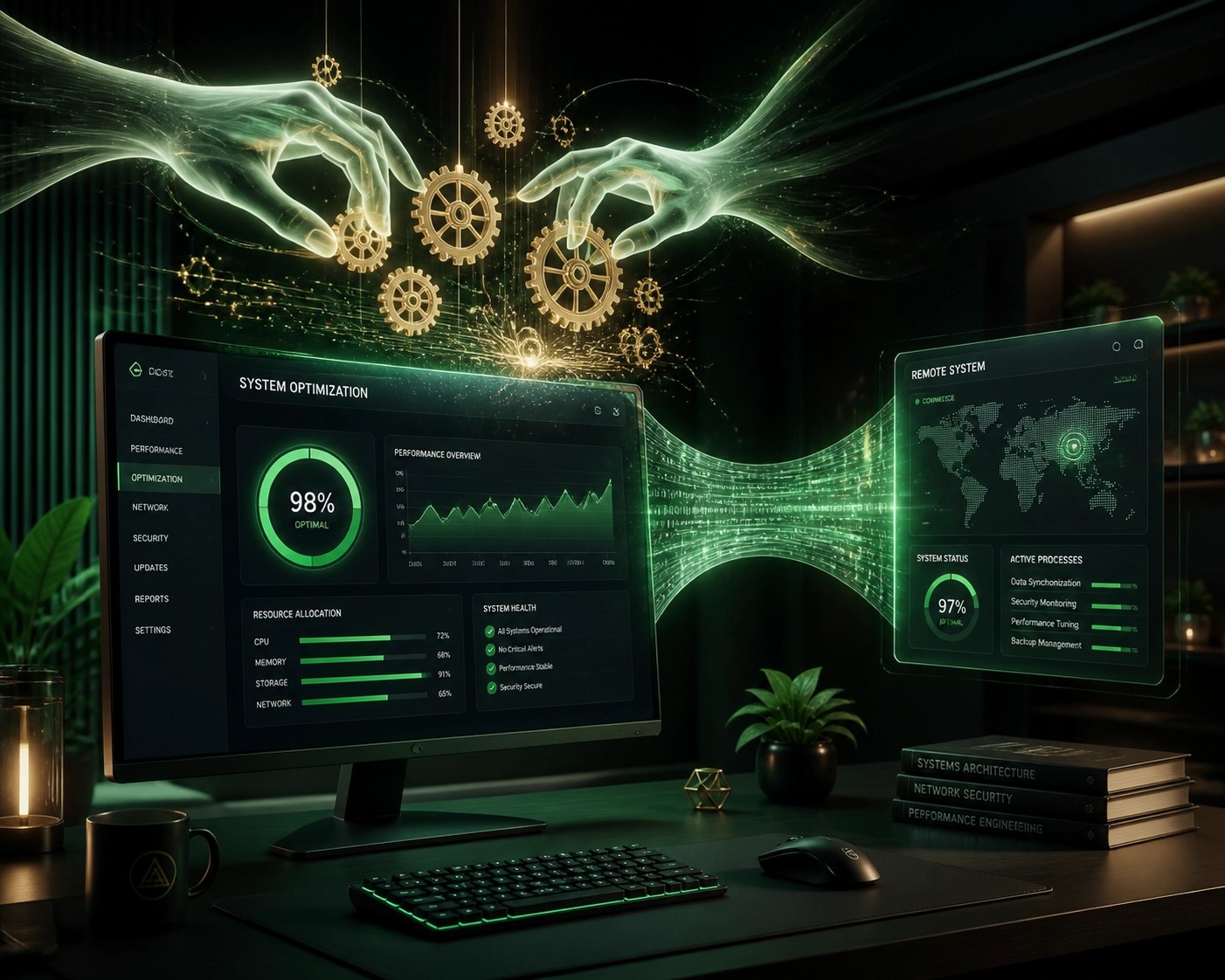 Professional remote IT support specialist optimizing a high-performance computer setup for remote work.