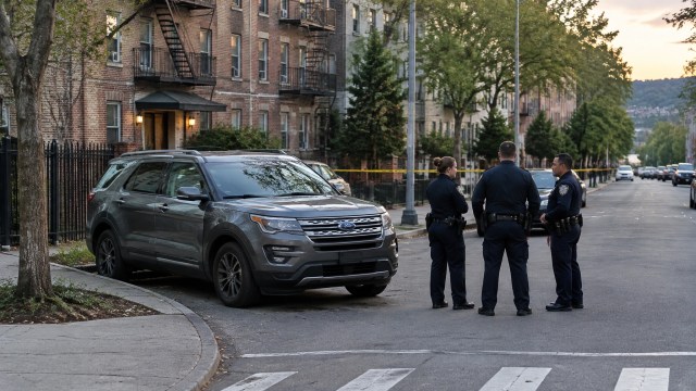A gray SUV on a residential Marble Hill street as NYPD officers speak nearby, evoking the aftermath of an incident without depicting violence