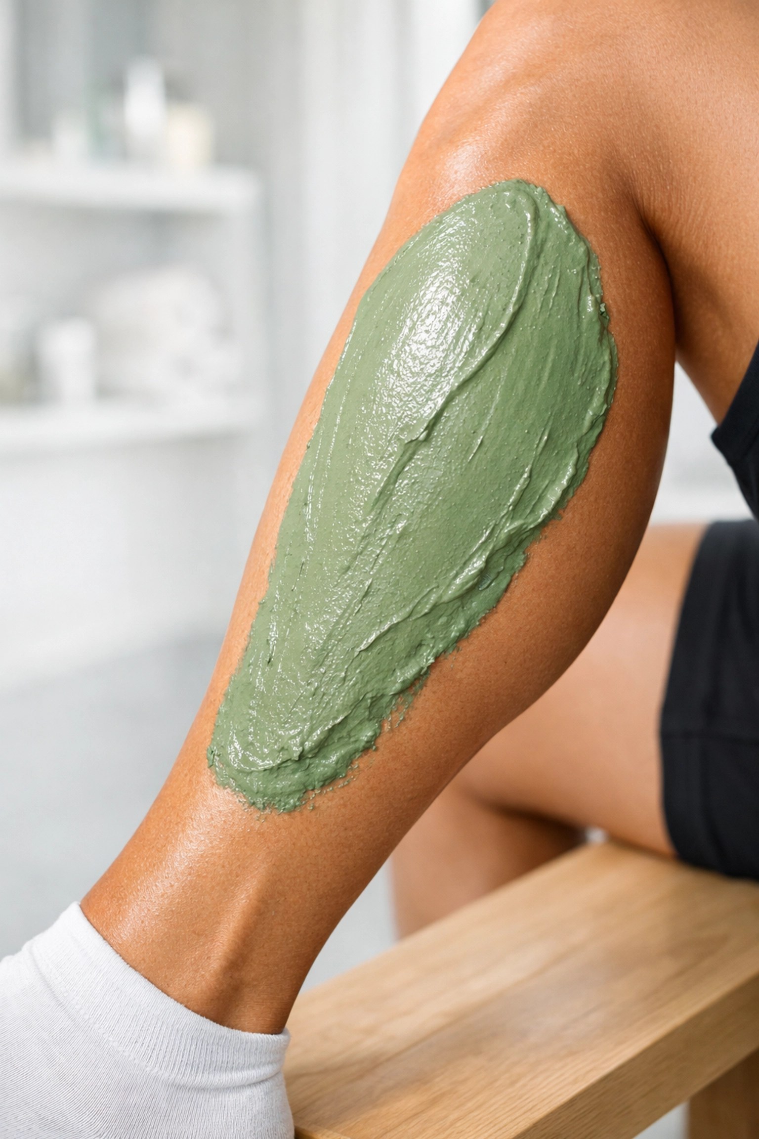 Applying mineral-rich green clay to an athlete's leg for natural sports recovery and detox therapy.