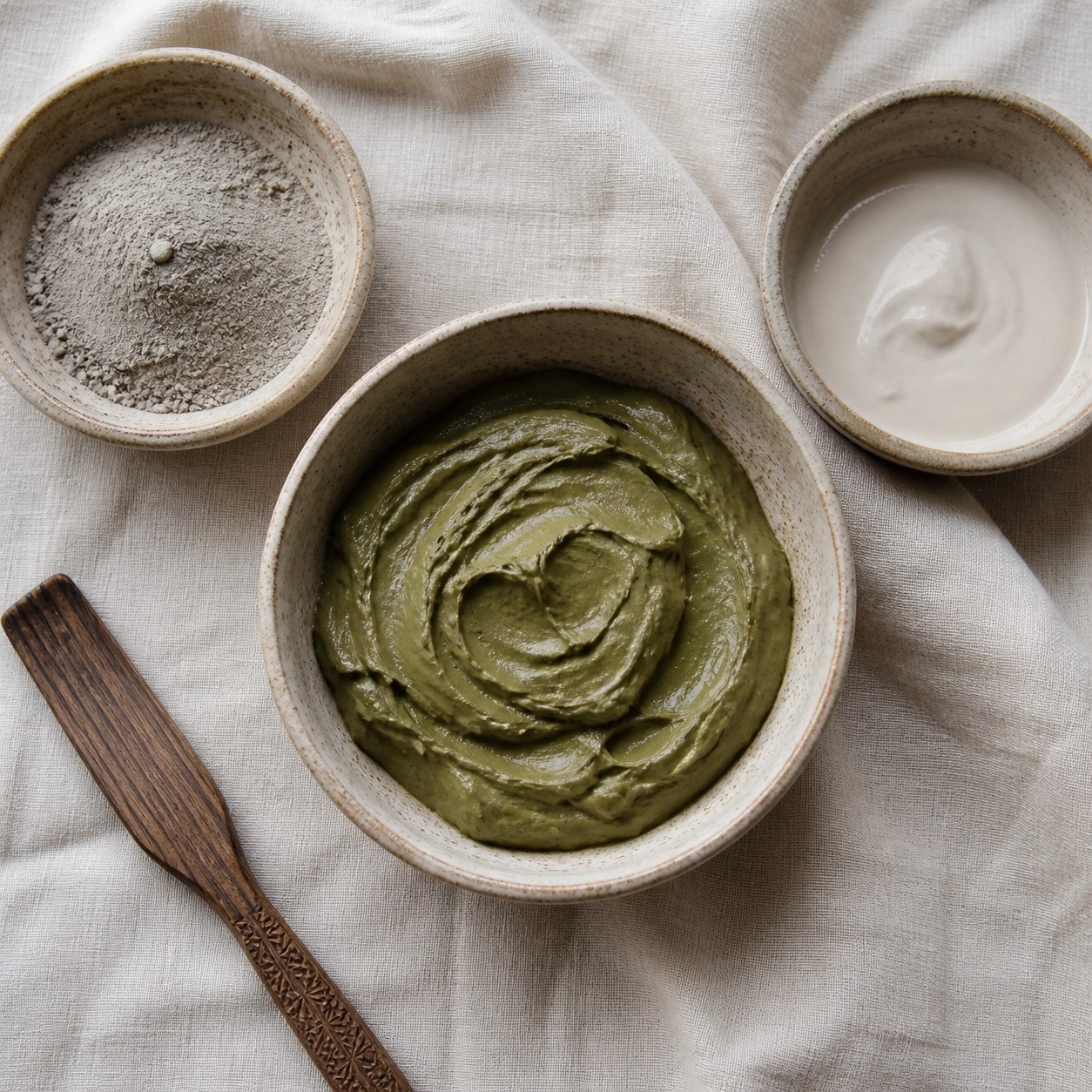 Comparison of healing clay textures showing dry powder and prepared green clay paste in bowls.