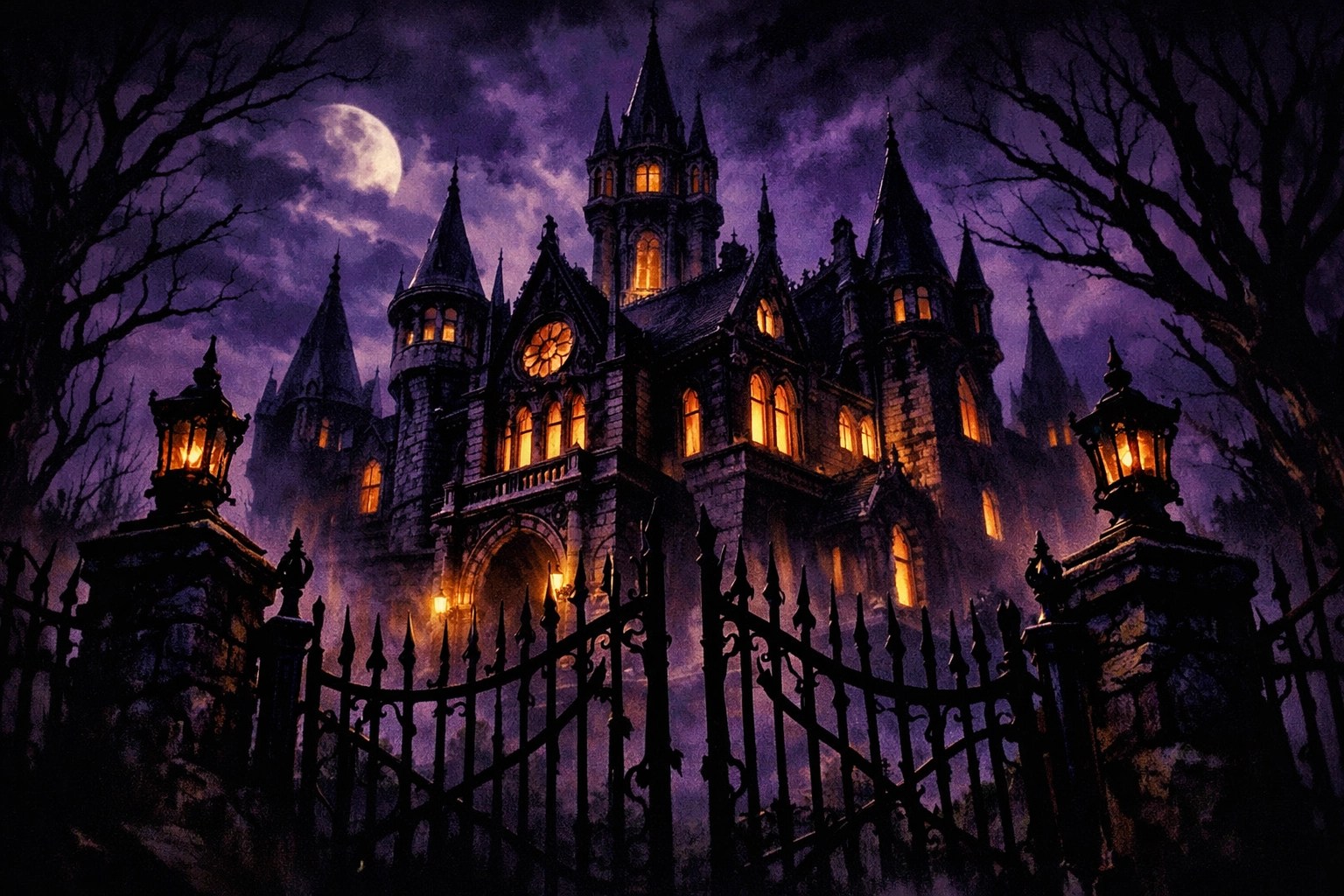 Gothic mansion at night featured in 80s horror film Hell Night with Linda Blair