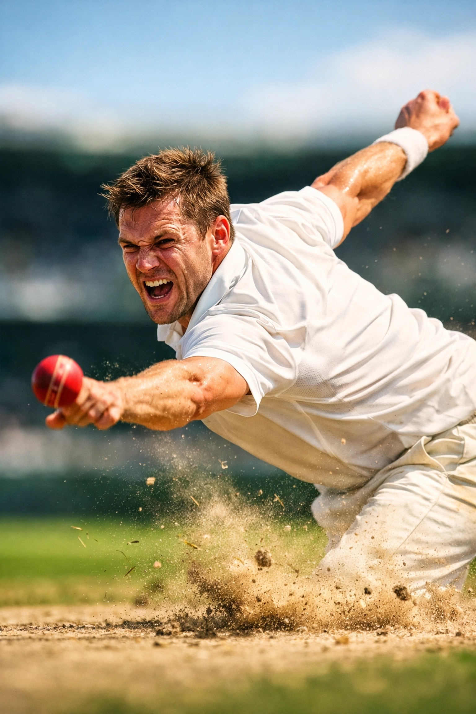Professional cricket bowler showing intense shoulder muscle strain during a fast delivery on the pitch.