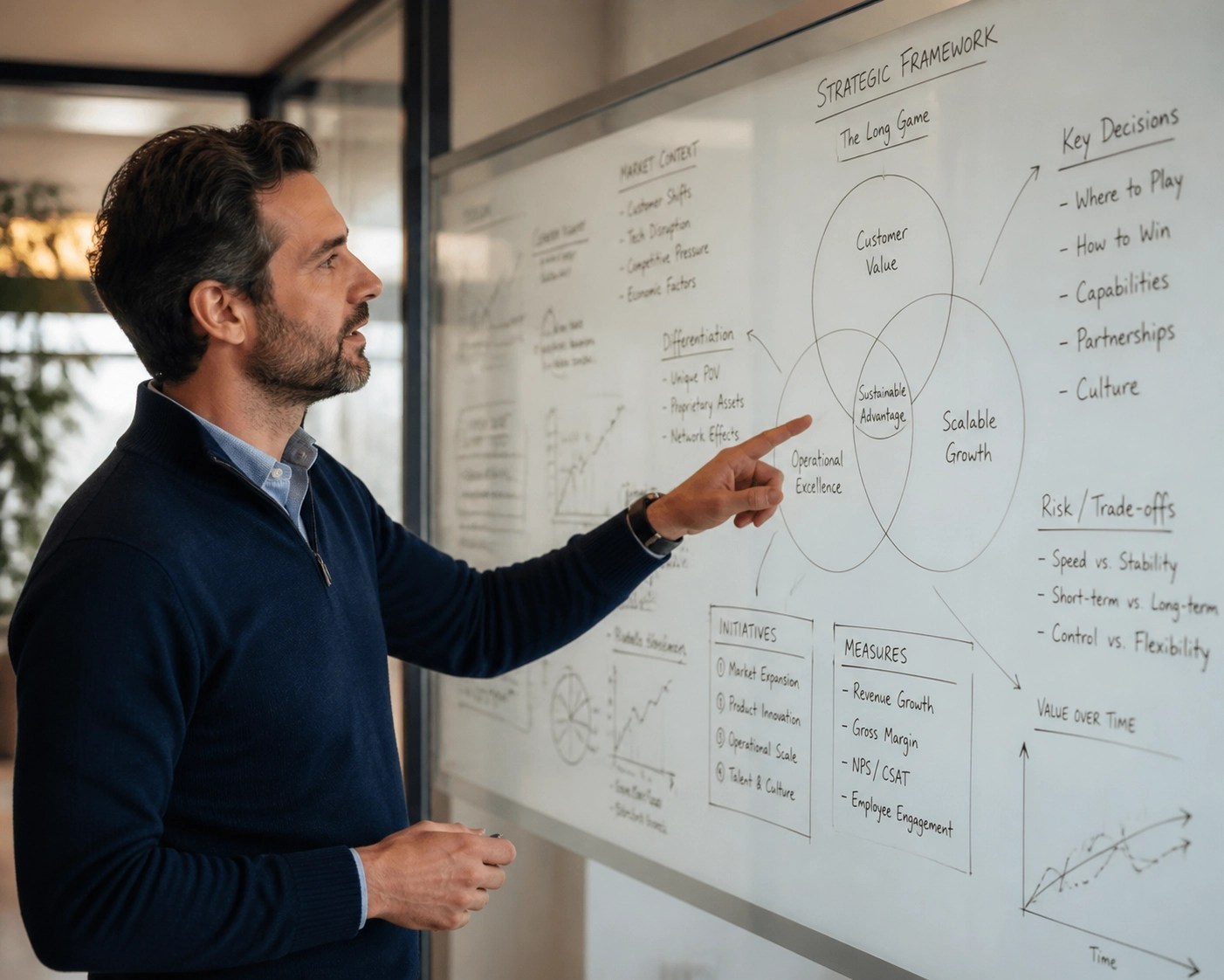 Business coach analyzing whiteboard diagrams to balance human judgment with workflow automation.