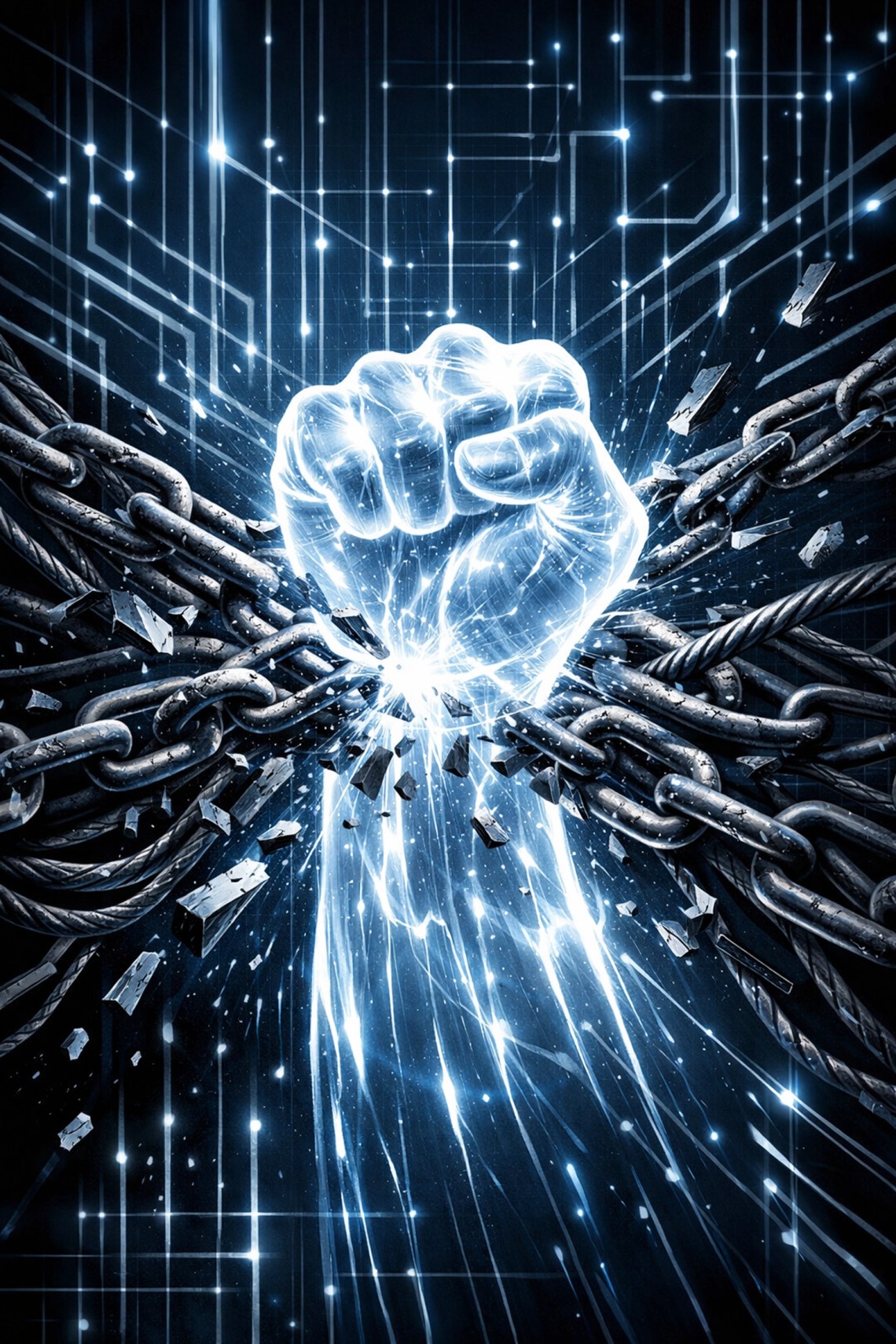 Digital hand breaking chains over glowing circuits to symbolize FCC deregulation and removing bureaucratic red tape.
