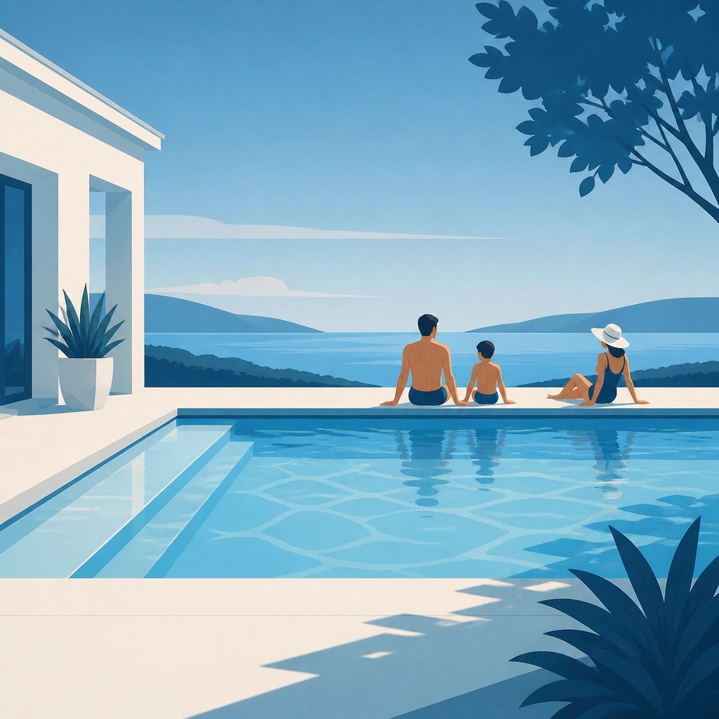A peaceful swimming pool scene representing family traditions