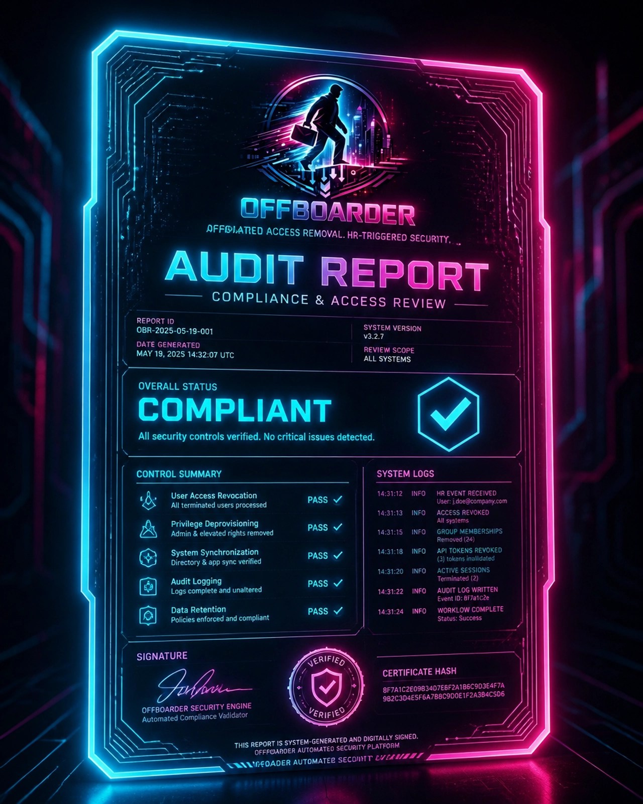 Digital neonpunk representation of an audit-ready evidence report