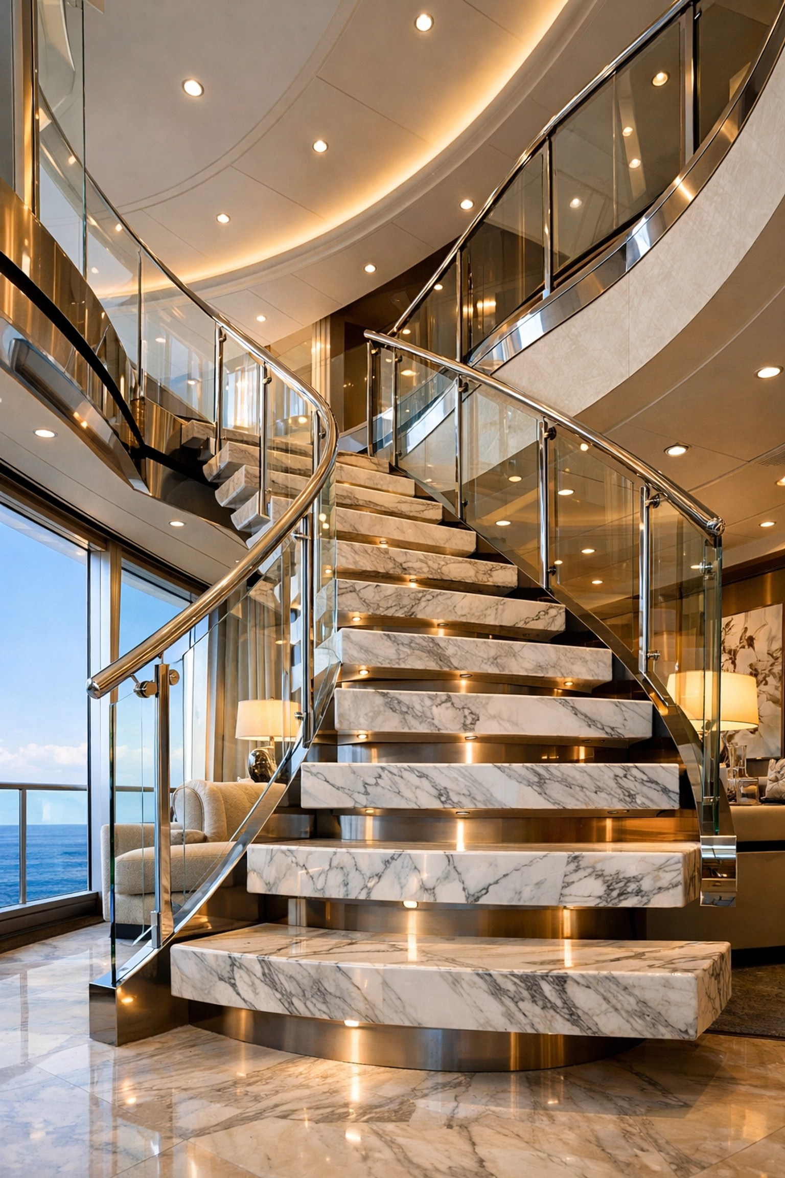 Floating staircase in multi-level luxury cruise suite with ocean views