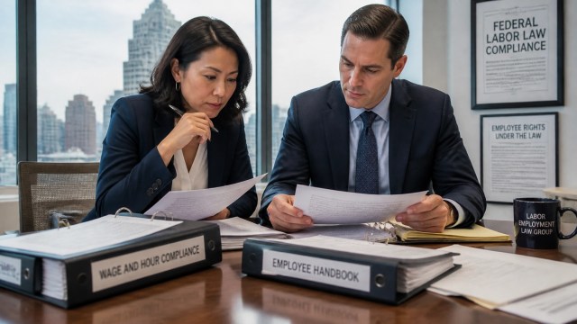 High-resolution editorial photo of corporate HR and legal professionals reviewing wage compliance binders and labor policy documents in New York
