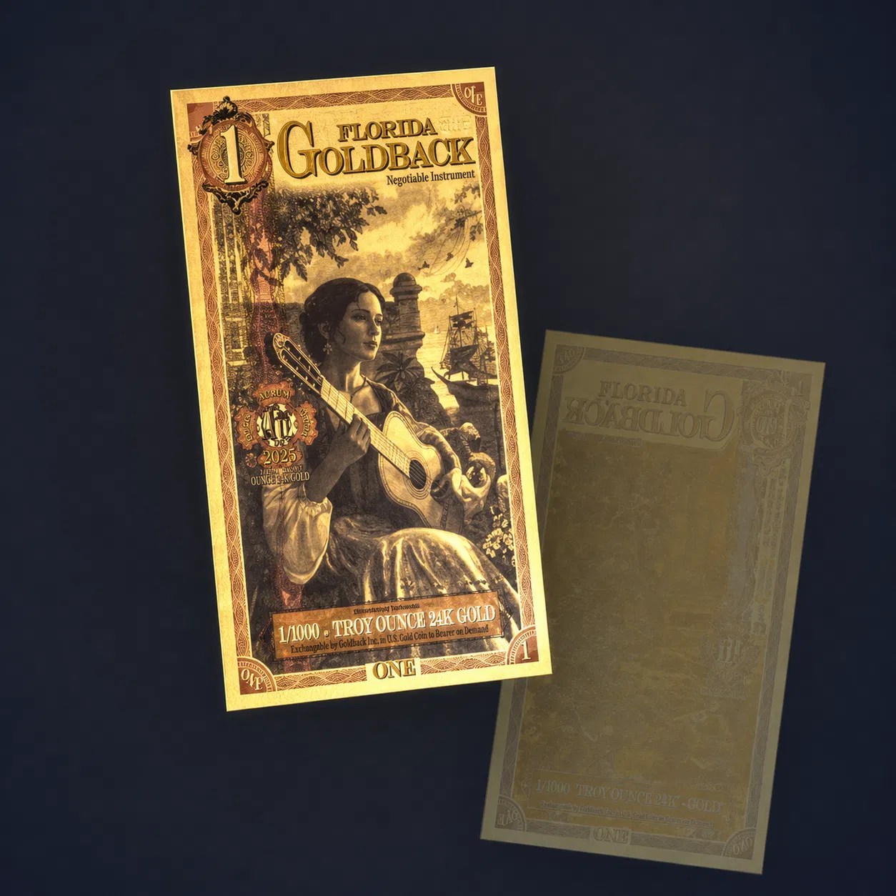 High-resolution product shot of a 1 Florida Goldback note