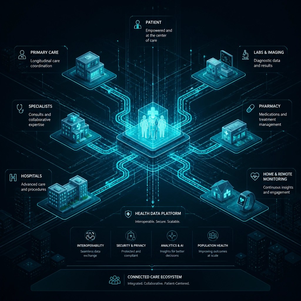 Abstract technical visual representing the data flows and professional collaboration within a shared-care healthcare ecosystem.