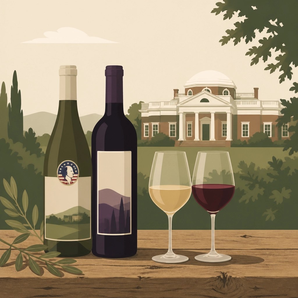 A minimalist flat illustration of two elegant wine bottles and two glasses on a rustic wooden table with a historic backdrop.