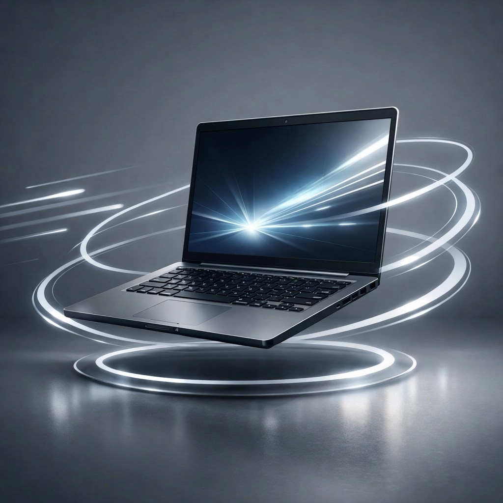 High-performance professional laptop showing high-speed data flow for business productivity.