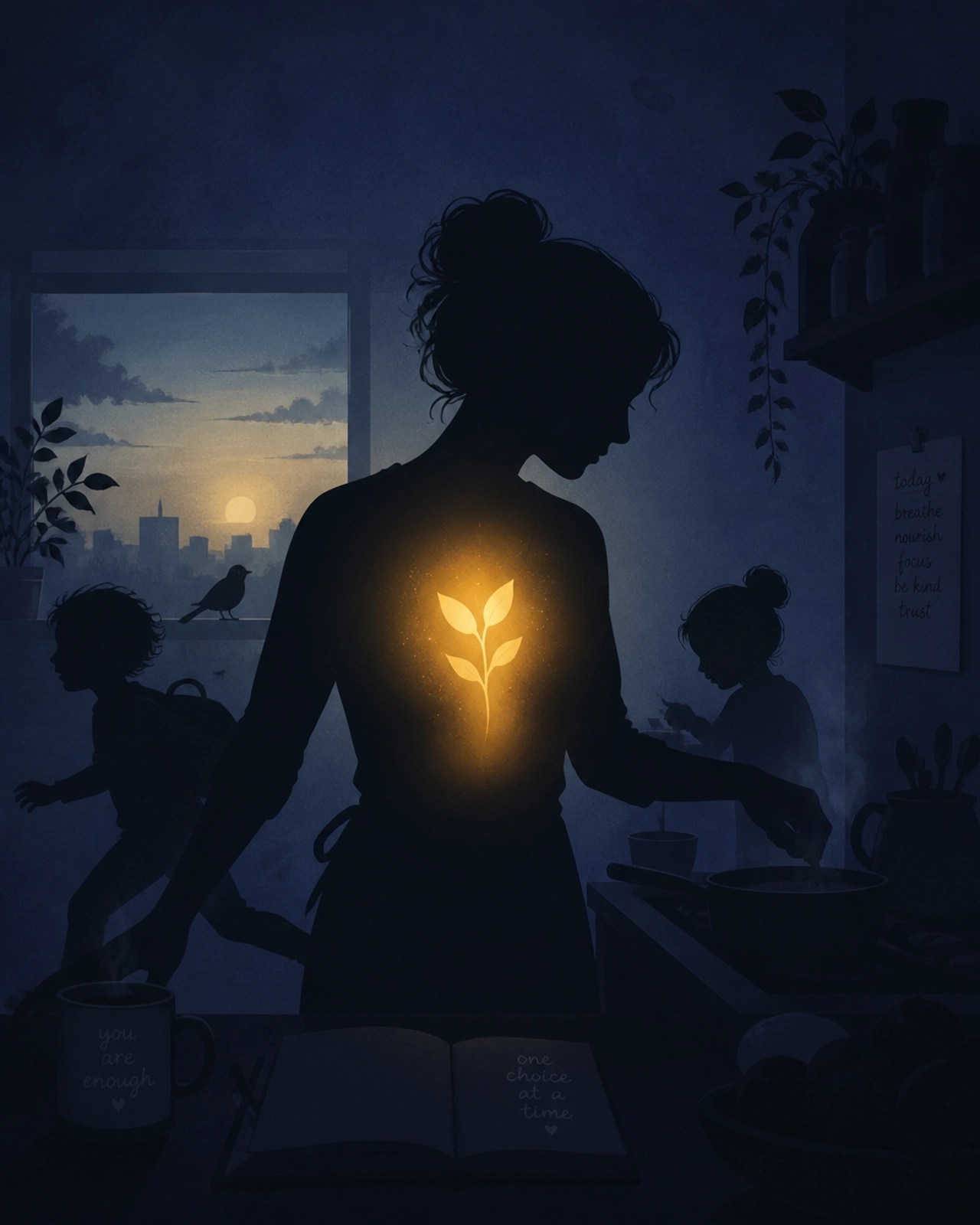 A silhouette of a woman finding her frequency in the morning rush