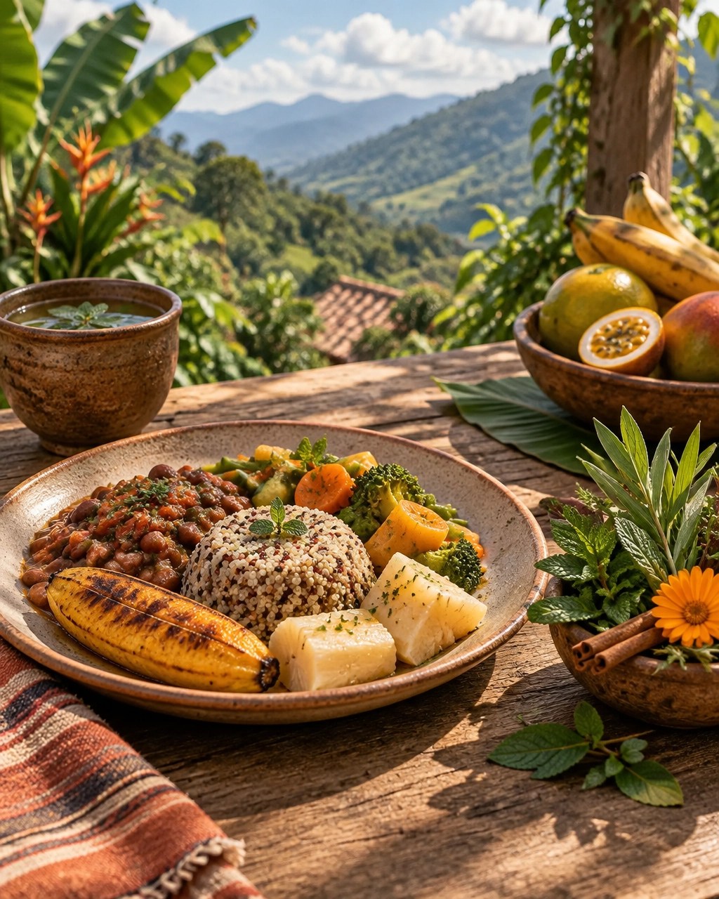 Mesa de almuerzo con ingredientes colombianos, plantas aromáticas e infusión natural