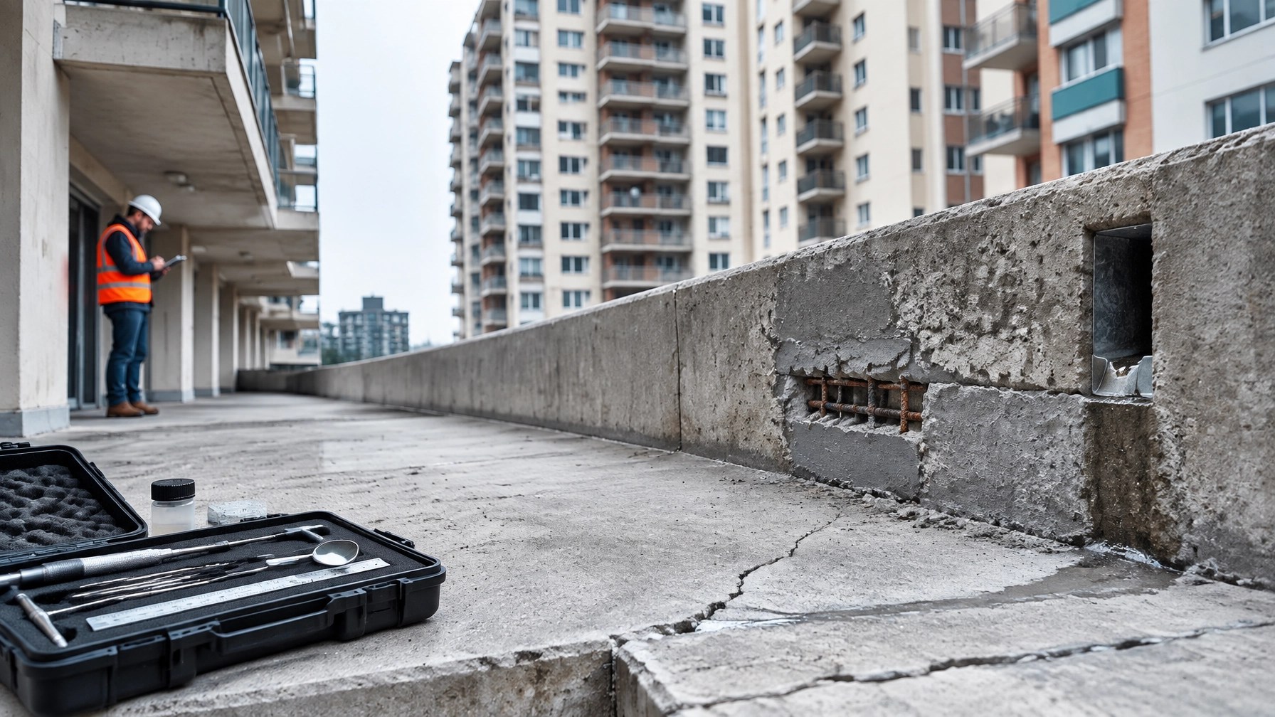 Concrete condominium podium, balcony edges, and repair areas documented during a structural condition assessment