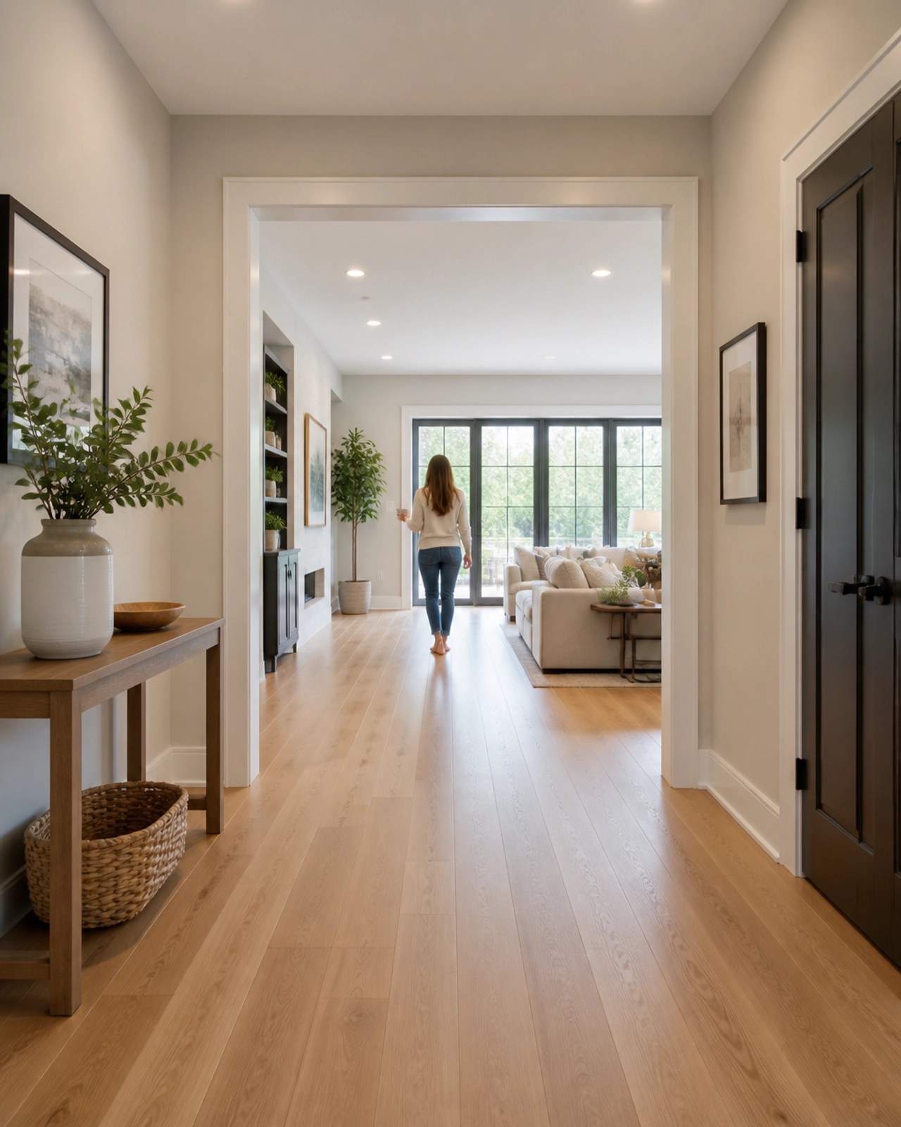 Interior view of a modern home addition showing a wide hallway and an open 36-inch wide doorway with consistent hardwood flooring.
